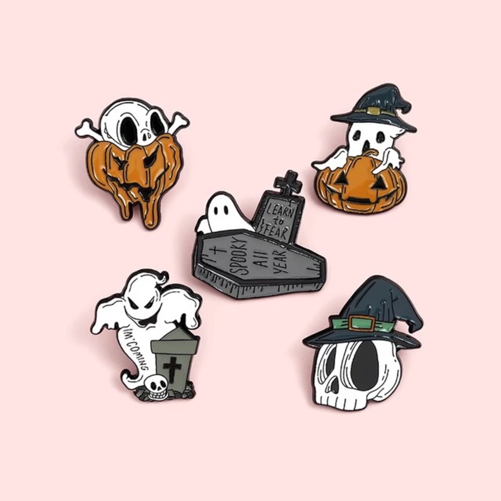 Goth Coffin Grave Ghost “Learn To Fear Spooky All Year” Metal Enamel Pin Brooch - Picture 5 of 8